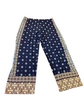 Susan Graver Navy Wide-Leg Printed Palazzo Pants with Cream Border